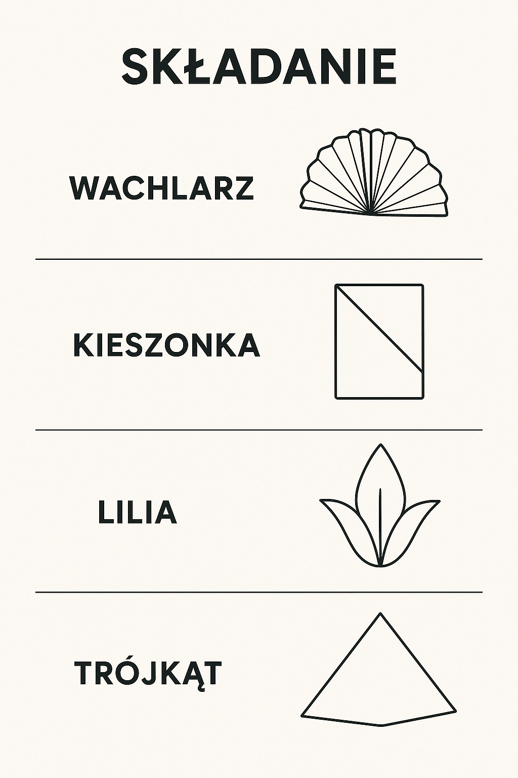 Cztery formy składania serwetek — wachlarz, kieszonka, lilia i trójkąt