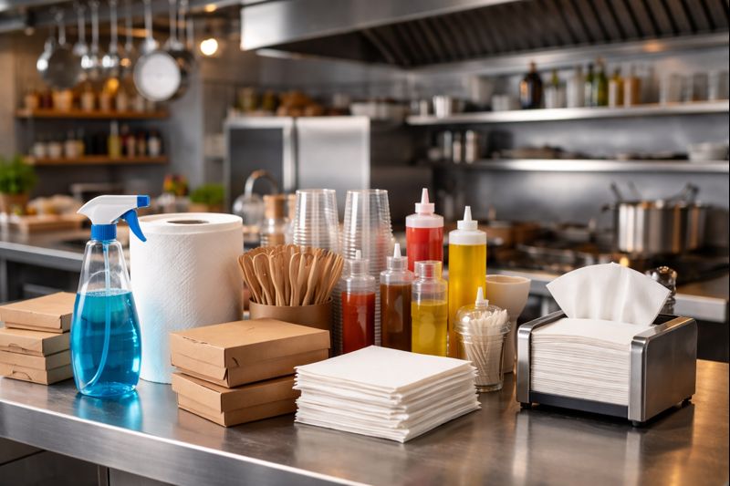 Serwetki papierowe i jednorazowe wyposażenie lokalu gastronomicznego na zapleczu kuchni